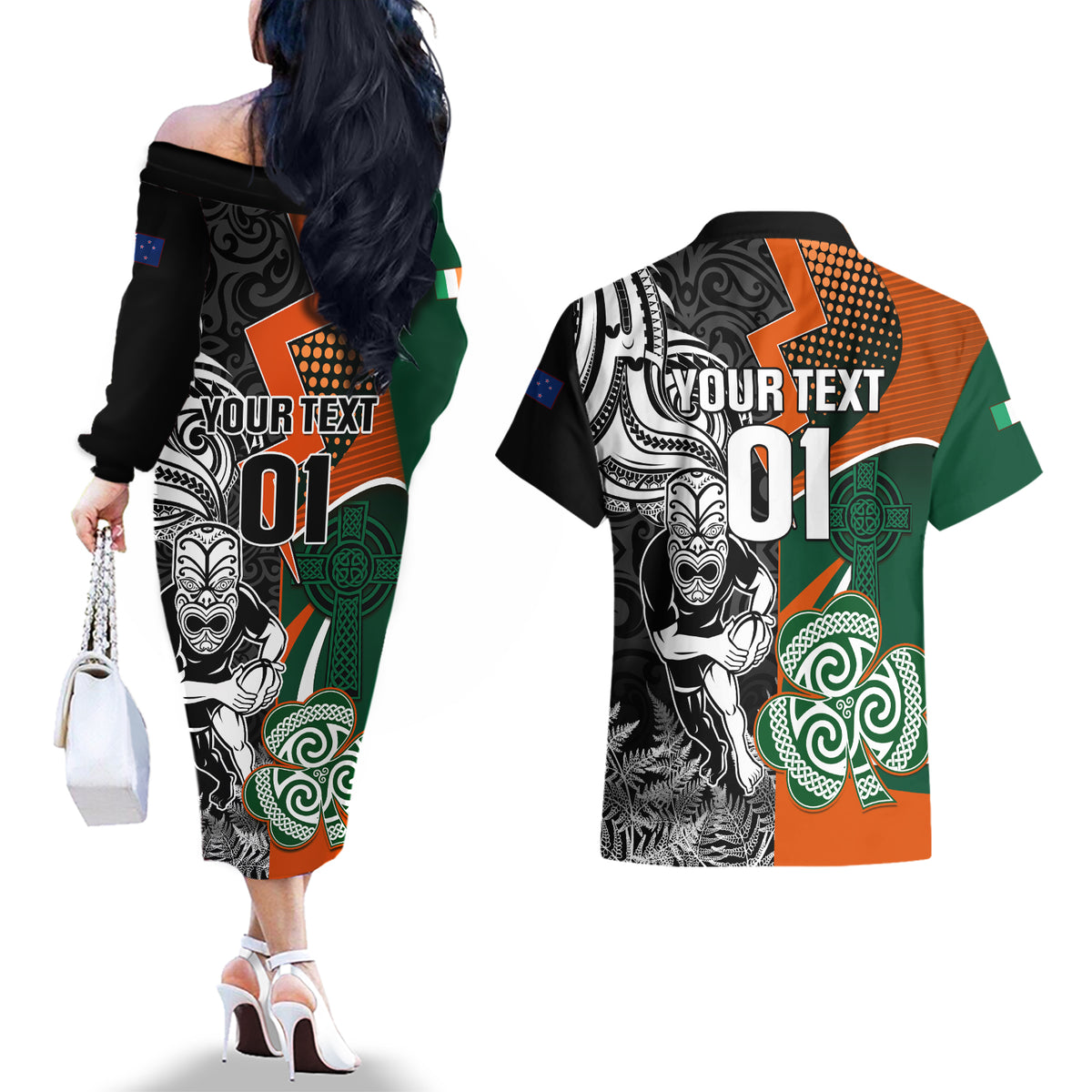 New Zealand and Ireland Rugby Couples Matching Off The Shoulder Long Sleeve Dress and Hawaiian Shirt Silver Fern With Shamrock 2023 World Cup LT01 - Polynesian Pride