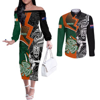 New Zealand and Ireland Rugby Couples Matching Off The Shoulder Long Sleeve Dress and Long Sleeve Button Shirts Silver Fern With Shamrock 2023 World Cup LT01 Art - Polynesian Pride