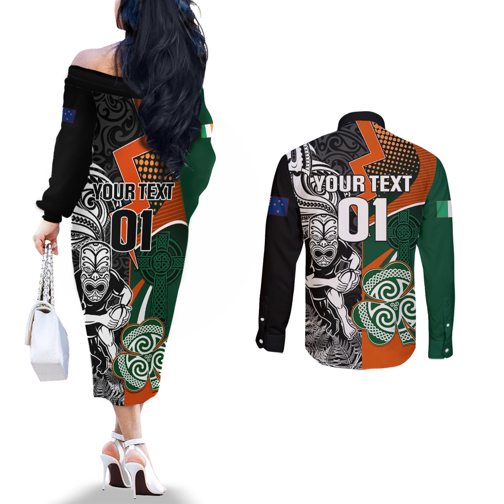 New Zealand and Ireland Rugby Couples Matching Off The Shoulder Long Sleeve Dress and Long Sleeve Button Shirts Silver Fern With Shamrock 2023 World Cup LT01 - Polynesian Pride