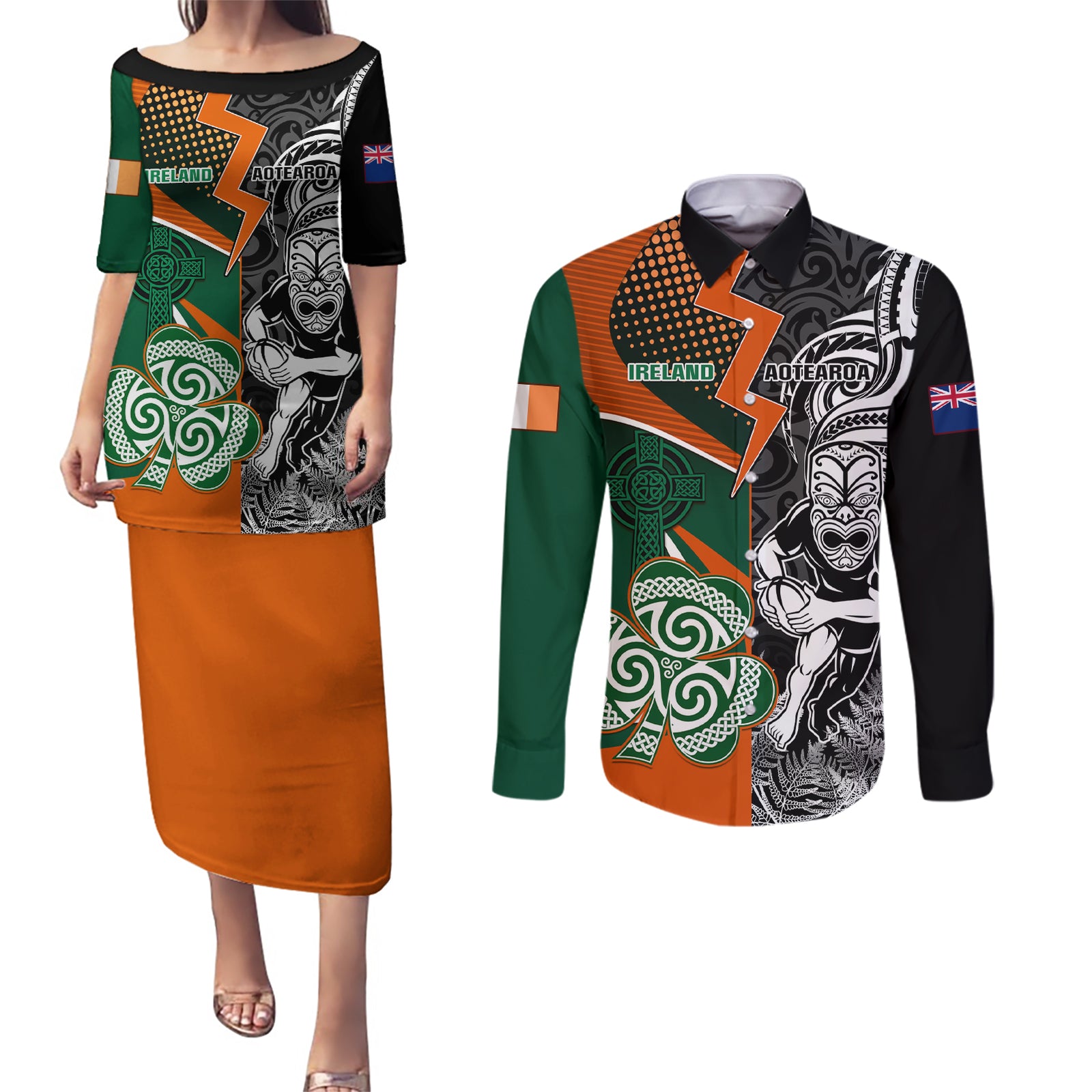New Zealand and Ireland Rugby Couples Matching Puletasi Dress and Long Sleeve Button Shirts Silver Fern With Shamrock 2023 World Cup LT01 Art - Polynesian Pride