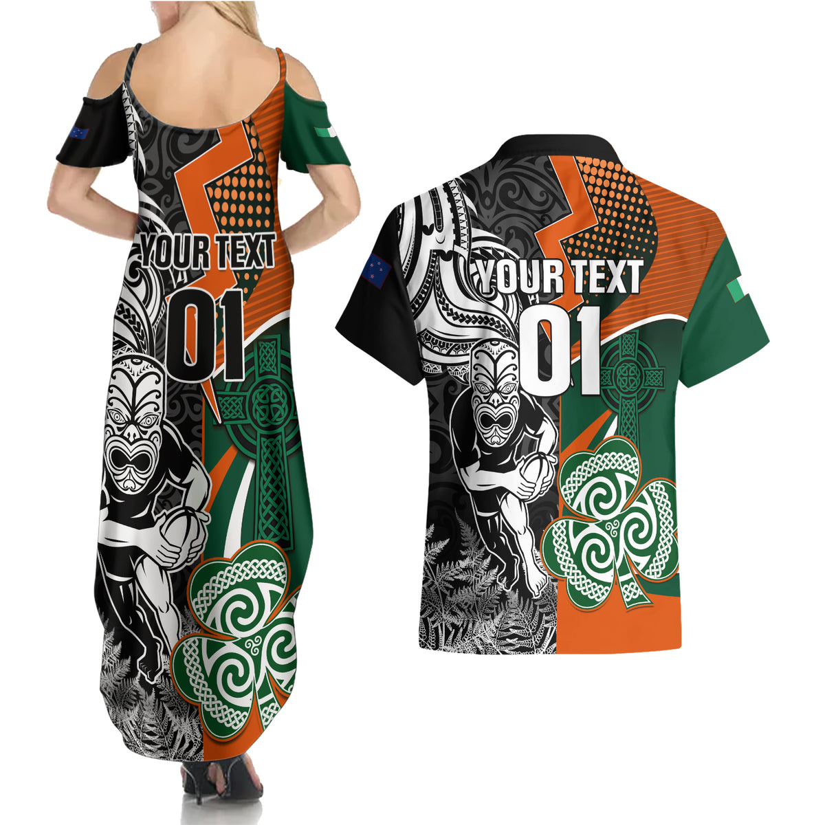 New Zealand and Ireland Rugby Couples Matching Summer Maxi Dress and Hawaiian Shirt Silver Fern With Shamrock 2023 World Cup LT01 - Polynesian Pride