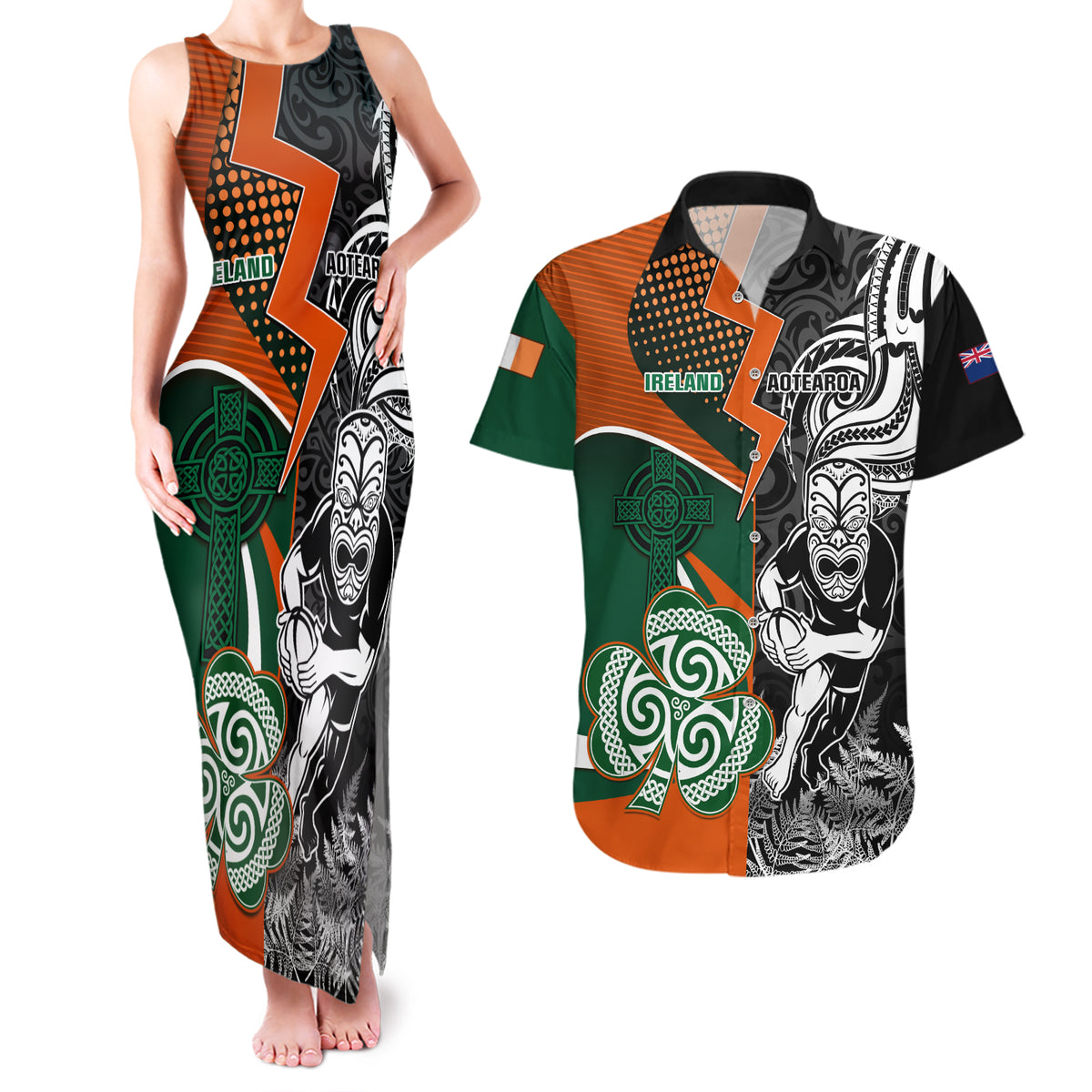 New Zealand and Ireland Rugby Couples Matching Tank Maxi Dress and Hawaiian Shirt Silver Fern With Shamrock 2023 World Cup LT01 Art - Polynesian Pride