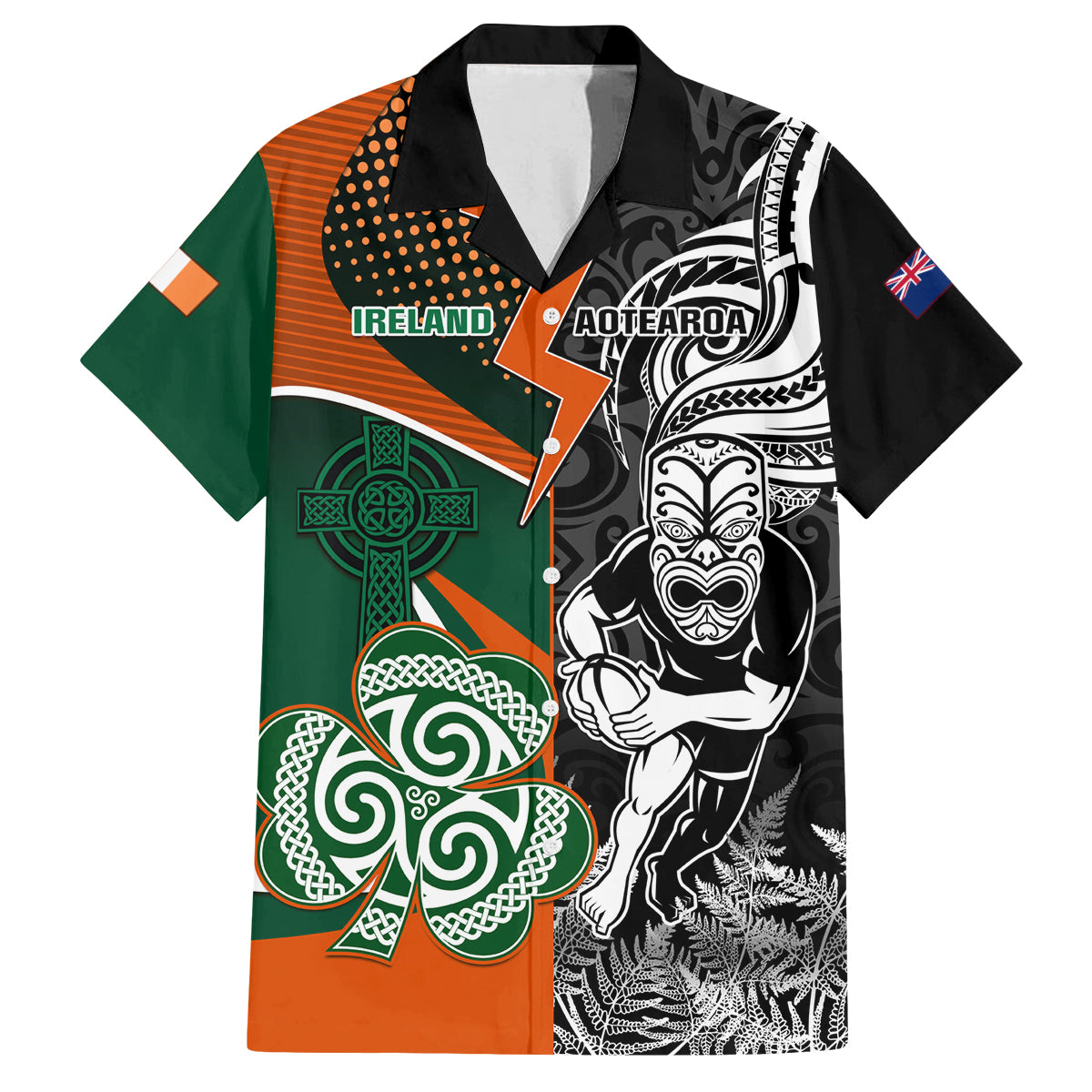 New Zealand and Ireland Rugby Family Matching Summer Maxi Dress and Hawaiian Shirt Silver Fern With Shamrock 2023 World Cup LT01 Dad's Shirt - Short Sleeve Art - Polynesian Pride