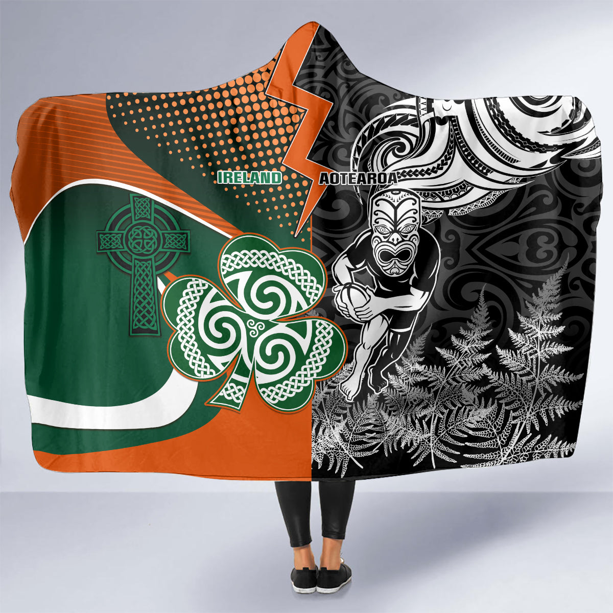 New Zealand and Ireland Rugby Hooded Blanket Silver Fern With Shamrock 2023 World Cup LT01 - Polynesian Pride