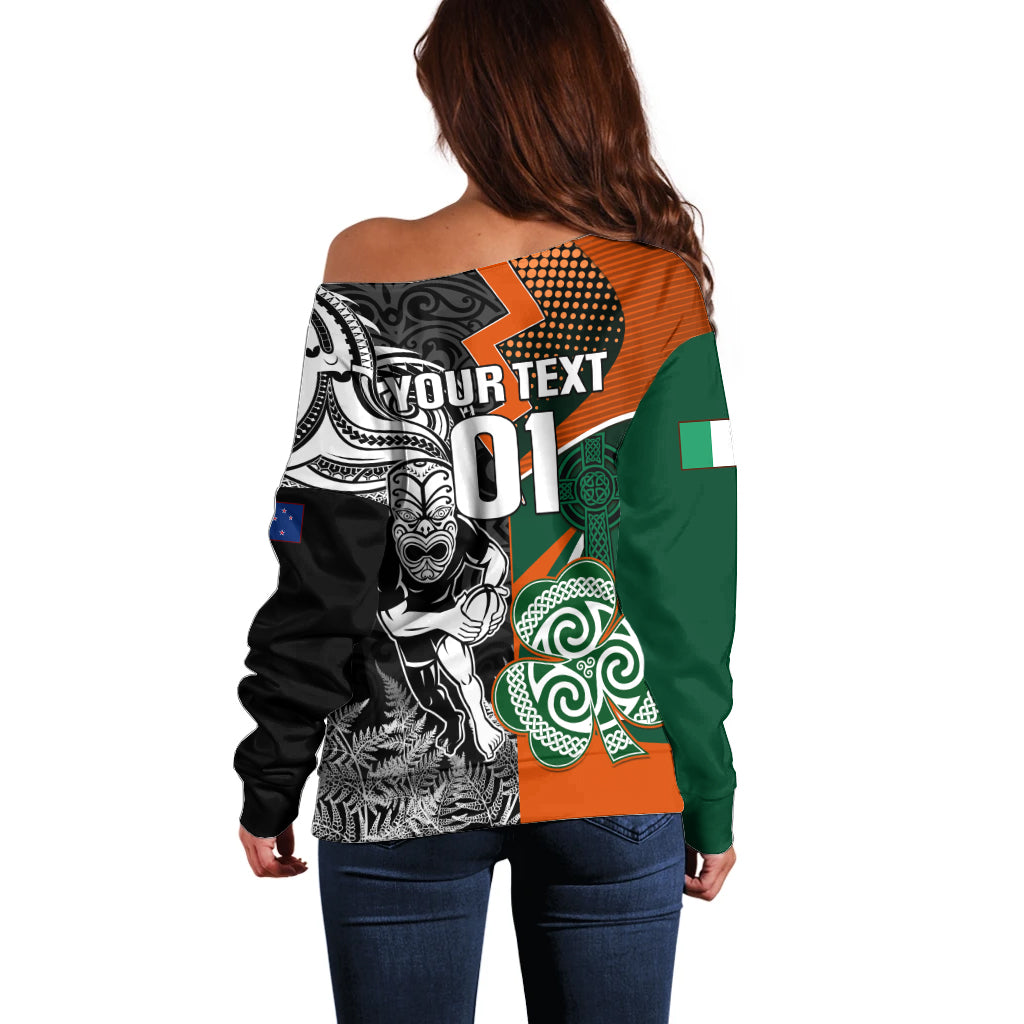 New Zealand and Ireland Rugby Off Shoulder Sweater Silver Fern With Shamrock 2023 World Cup LT01 - Polynesian Pride