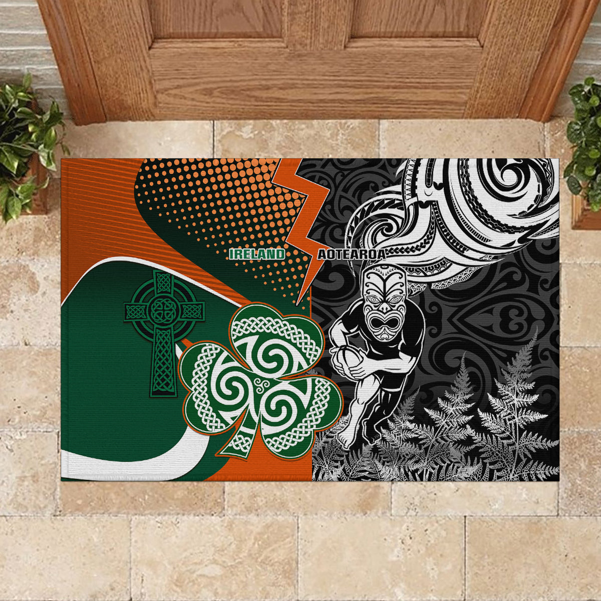 New Zealand and Ireland Rugby Rubber Doormat Silver Fern With Shamrock 2023 World Cup LT01 - Polynesian Pride