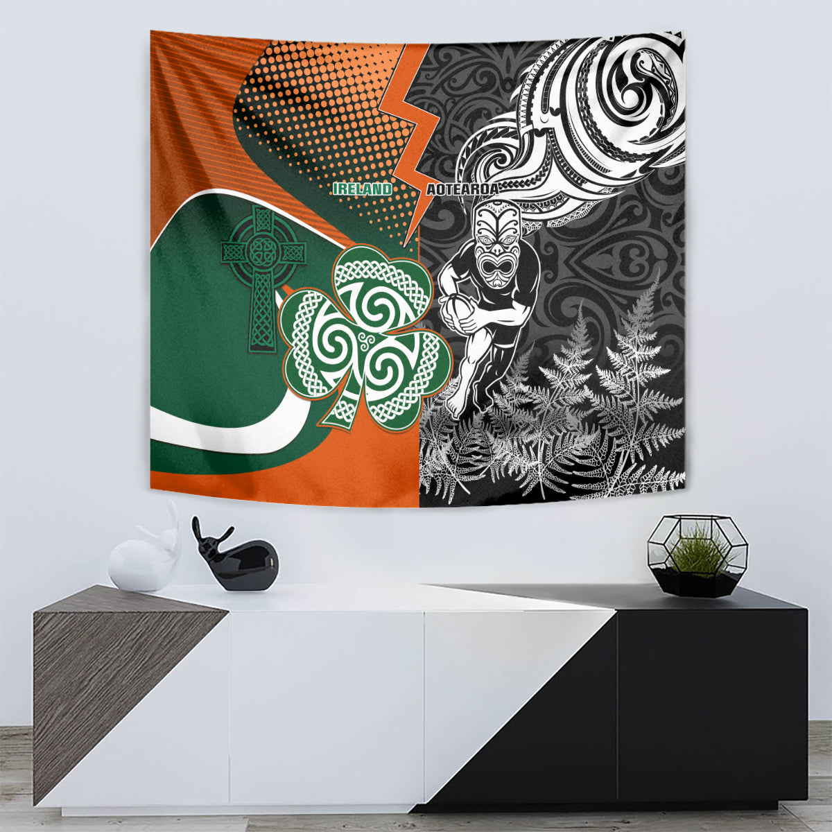 New Zealand and Ireland Rugby Tapestry Silver Fern With Shamrock 2023 World Cup LT01 - Polynesian Pride