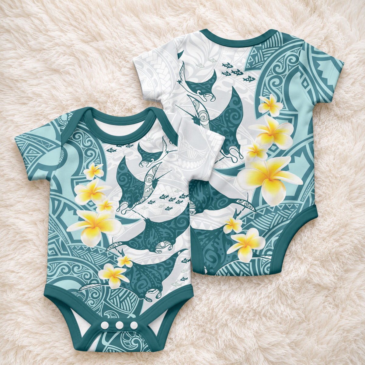 Maori Manta Ray Plumeria Teal Baby Onesie