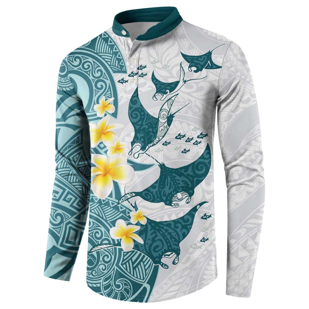 Maori Manta Ray Plumeria Teal Button Sweatshirt