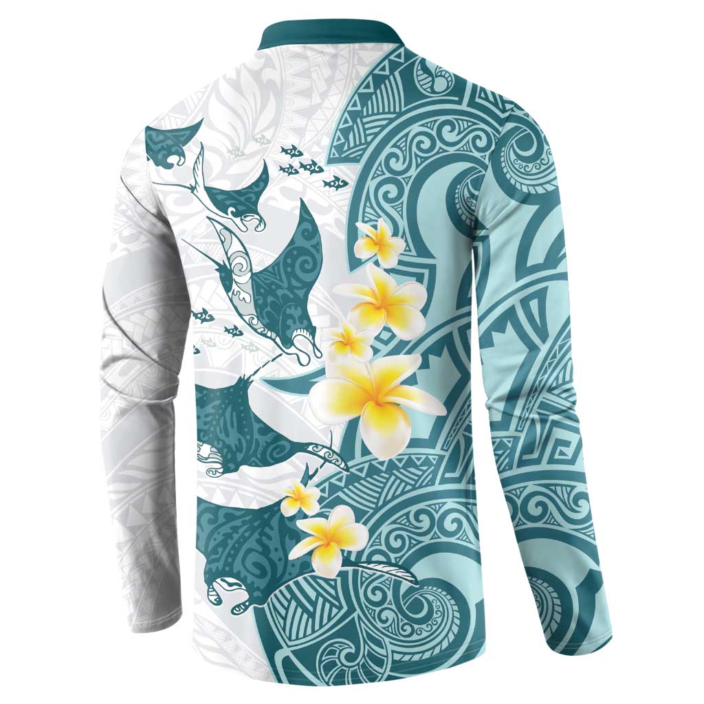 Maori Manta Ray Plumeria Teal Button Sweatshirt