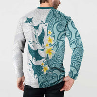 Maori Manta Ray Plumeria Teal Button Sweatshirt