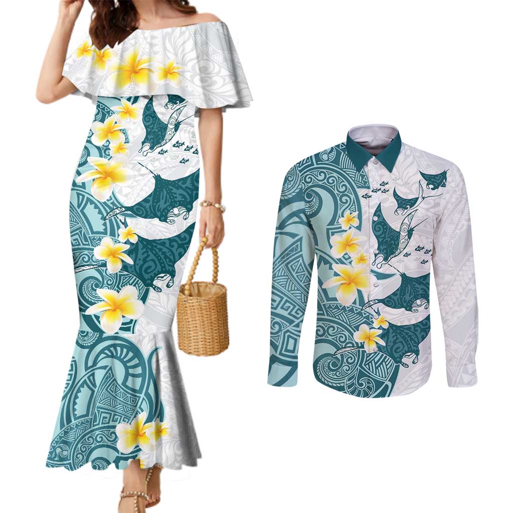 Maori Manta Ray Plumeria Teal Couples Matching Mermaid Dress and Long Sleeve Button Shirt