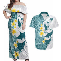 Maori Manta Ray Plumeria Teal Couples Matching Off Shoulder Maxi Dress and Hawaiian Shirt LT01 Teal - Polynesian Pride