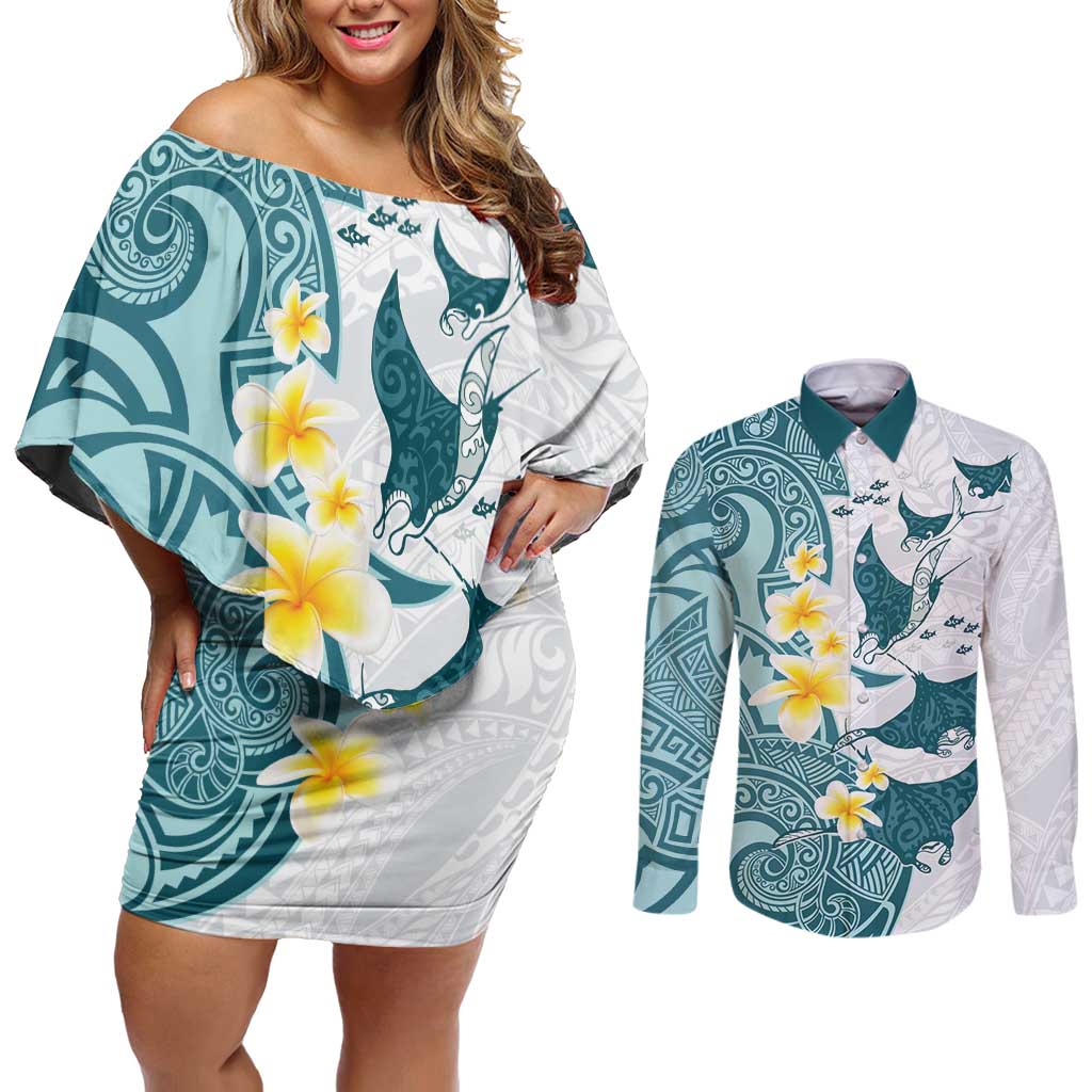 Maori Manta Ray Plumeria Teal Couples Matching Off Shoulder Short Dress and Long Sleeve Button Shirt