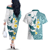 Maori Manta Ray Plumeria Teal Couples Matching Off The Shoulder Long Sleeve Dress and Hawaiian Shirt