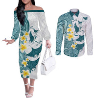 Maori Manta Ray Plumeria Teal Couples Matching Off The Shoulder Long Sleeve Dress and Long Sleeve Button Shirt