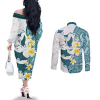 Maori Manta Ray Plumeria Teal Couples Matching Off The Shoulder Long Sleeve Dress and Long Sleeve Button Shirt