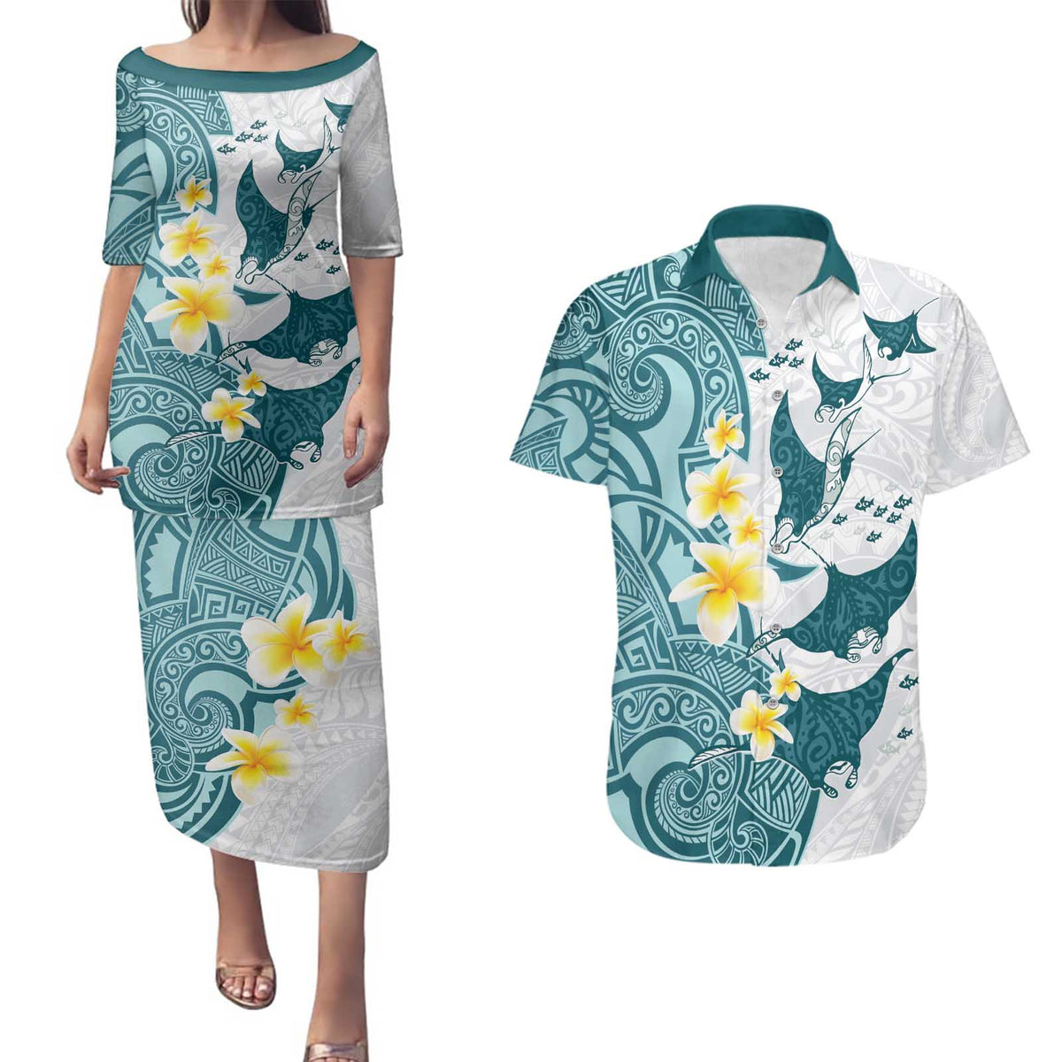 Maori Manta Ray Plumeria Teal Couples Matching Puletasi and Hawaiian Shirt