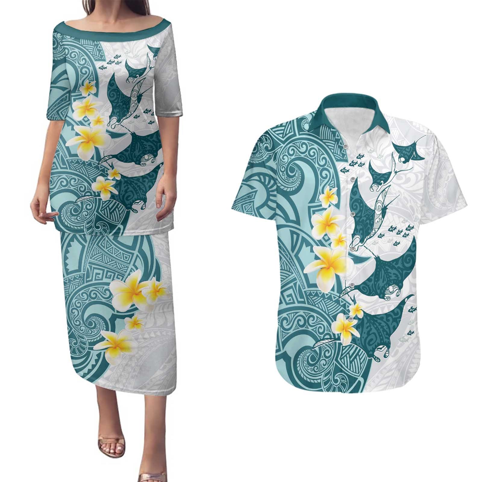 Maori Manta Ray Plumeria Teal Couples Matching Puletasi and Hawaiian Shirt
