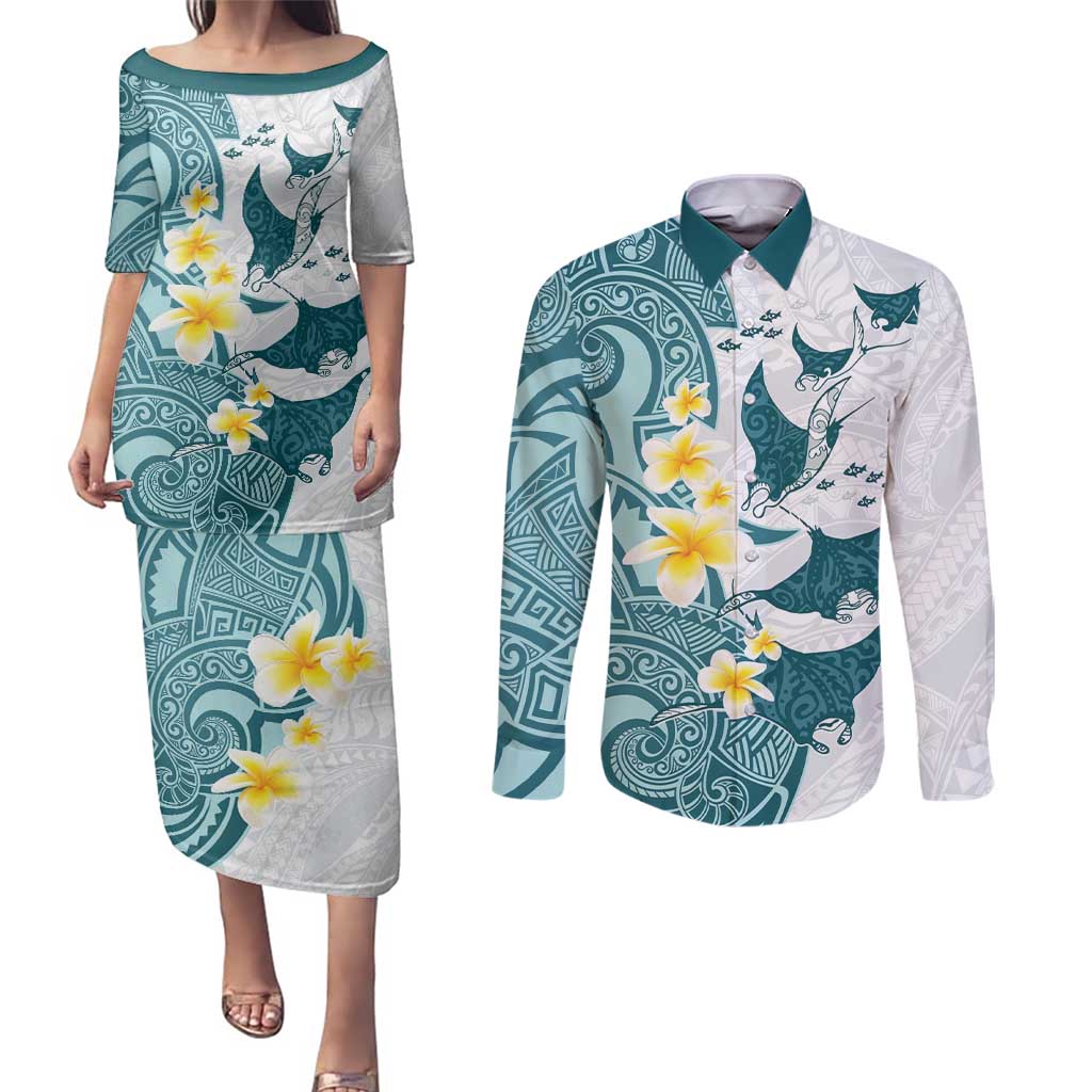 Maori Manta Ray Plumeria Teal Couples Matching Puletasi and Long Sleeve Button Shirt