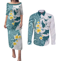 Maori Manta Ray Plumeria Teal Couples Matching Puletasi and Long Sleeve Button Shirt