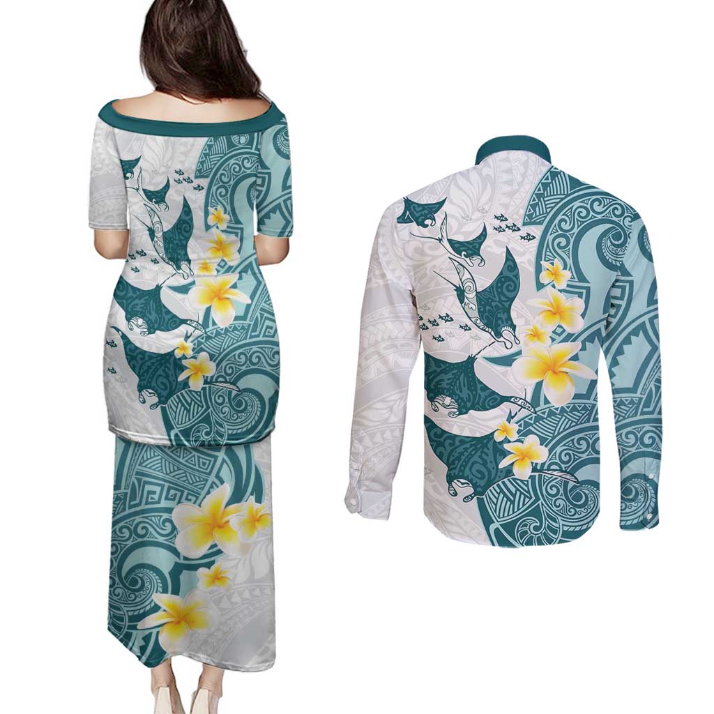 Maori Manta Ray Plumeria Teal Couples Matching Puletasi and Long Sleeve Button Shirt