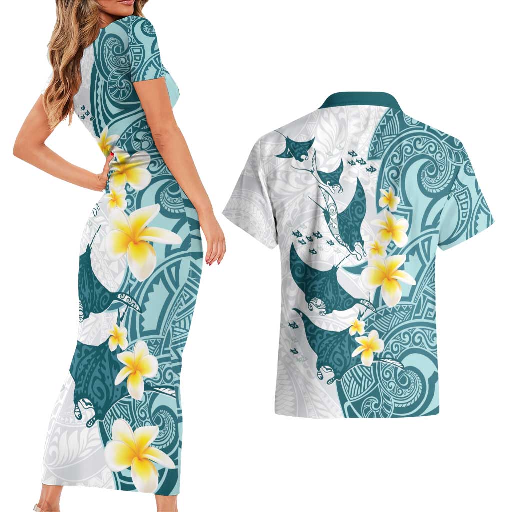 Maori Manta Ray Plumeria Teal Couples Matching Short Sleeve Bodycon Dress and Hawaiian Shirt