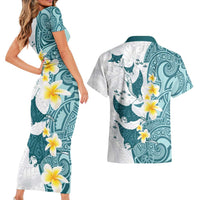 Maori Manta Ray Plumeria Teal Couples Matching Short Sleeve Bodycon Dress and Hawaiian Shirt