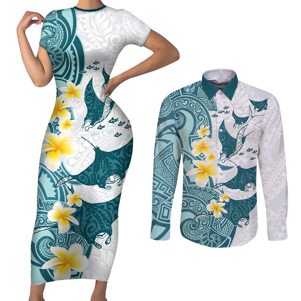 Maori Manta Ray Plumeria Teal Couples Matching Short Sleeve Bodycon Dress and Long Sleeve Button Shirt