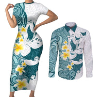 Maori Manta Ray Plumeria Teal Couples Matching Short Sleeve Bodycon Dress and Long Sleeve Button Shirt
