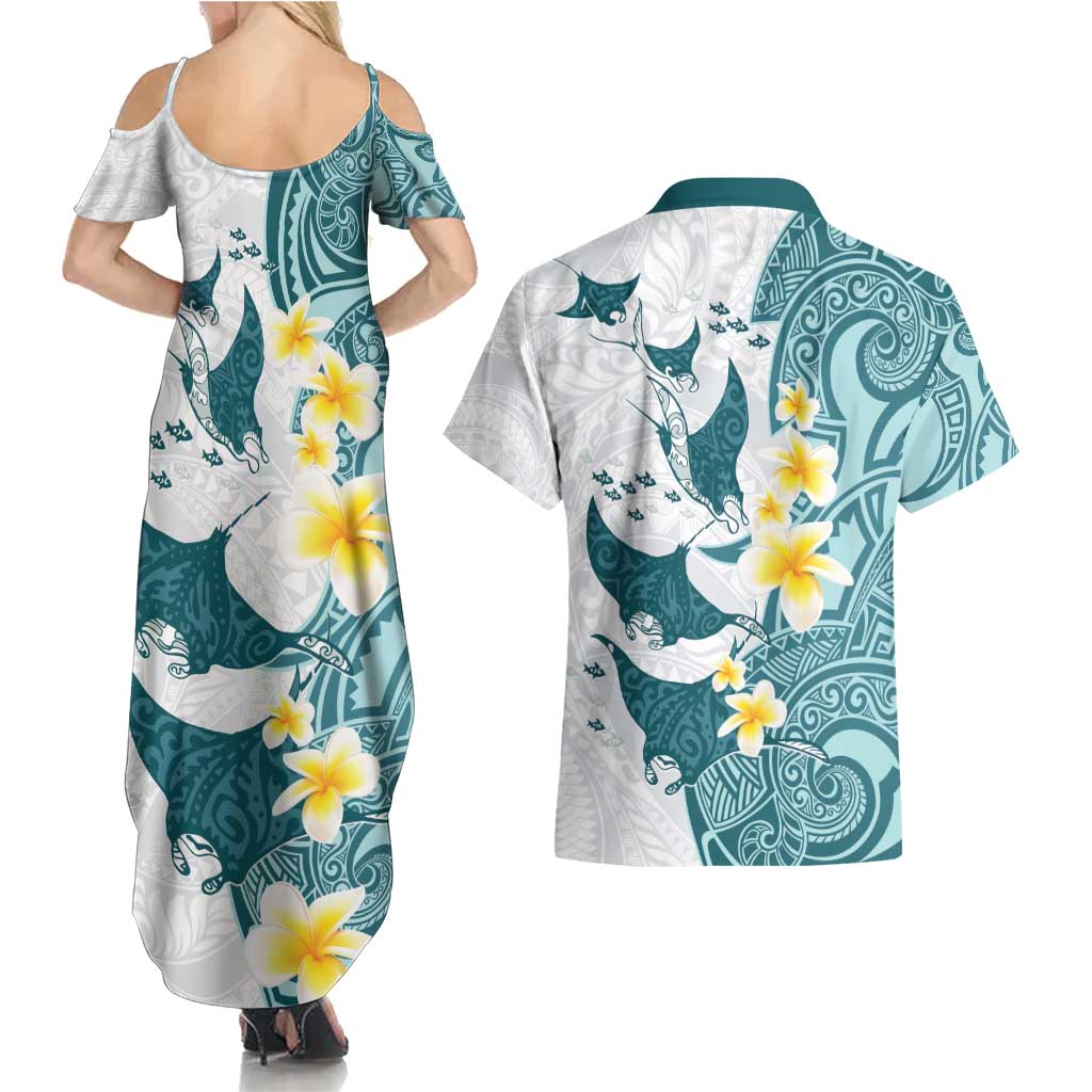 Maori Manta Ray Plumeria Teal Couples Matching Summer Maxi Dress and Hawaiian Shirt
