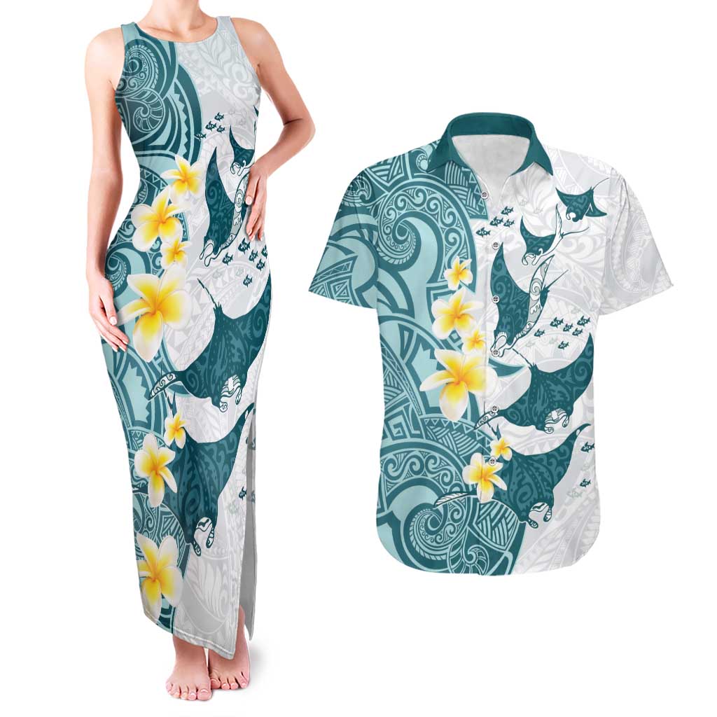 Maori Manta Ray Plumeria Teal Couples Matching Tank Maxi Dress and Hawaiian Shirt