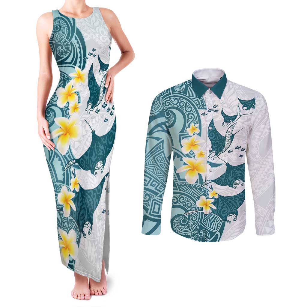 Maori Manta Ray Plumeria Teal Couples Matching Tank Maxi Dress and Long Sleeve Button Shirt