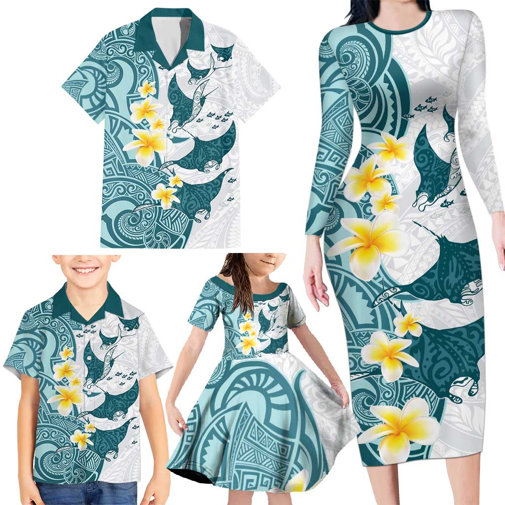 Maori Manta Ray Plumeria Teal Family Matching Long Sleeve Bodycon Dress and Hawaiian Shirt LT01 - Polynesian Pride