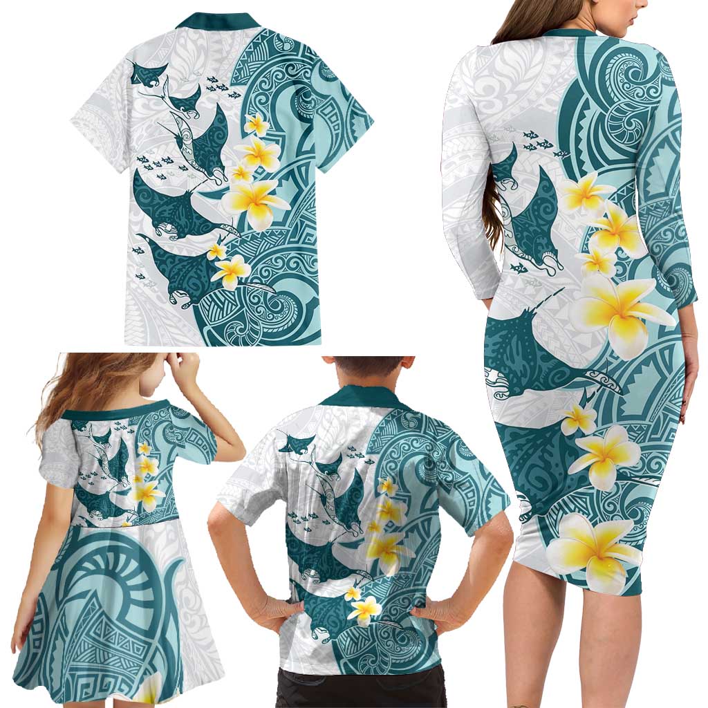 Maori Manta Ray Plumeria Teal Family Matching Long Sleeve Bodycon Dress and Hawaiian Shirt LT01 - Polynesian Pride