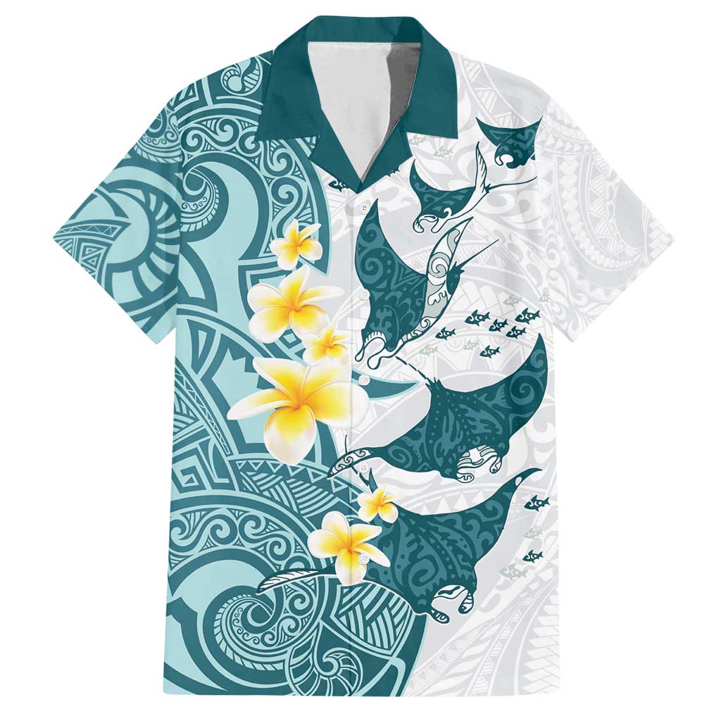 Maori Manta Ray Plumeria Teal Family Matching Long Sleeve Bodycon Dress and Hawaiian Shirt LT01 Dad's Shirt - Short Sleeve Teal - Polynesian Pride