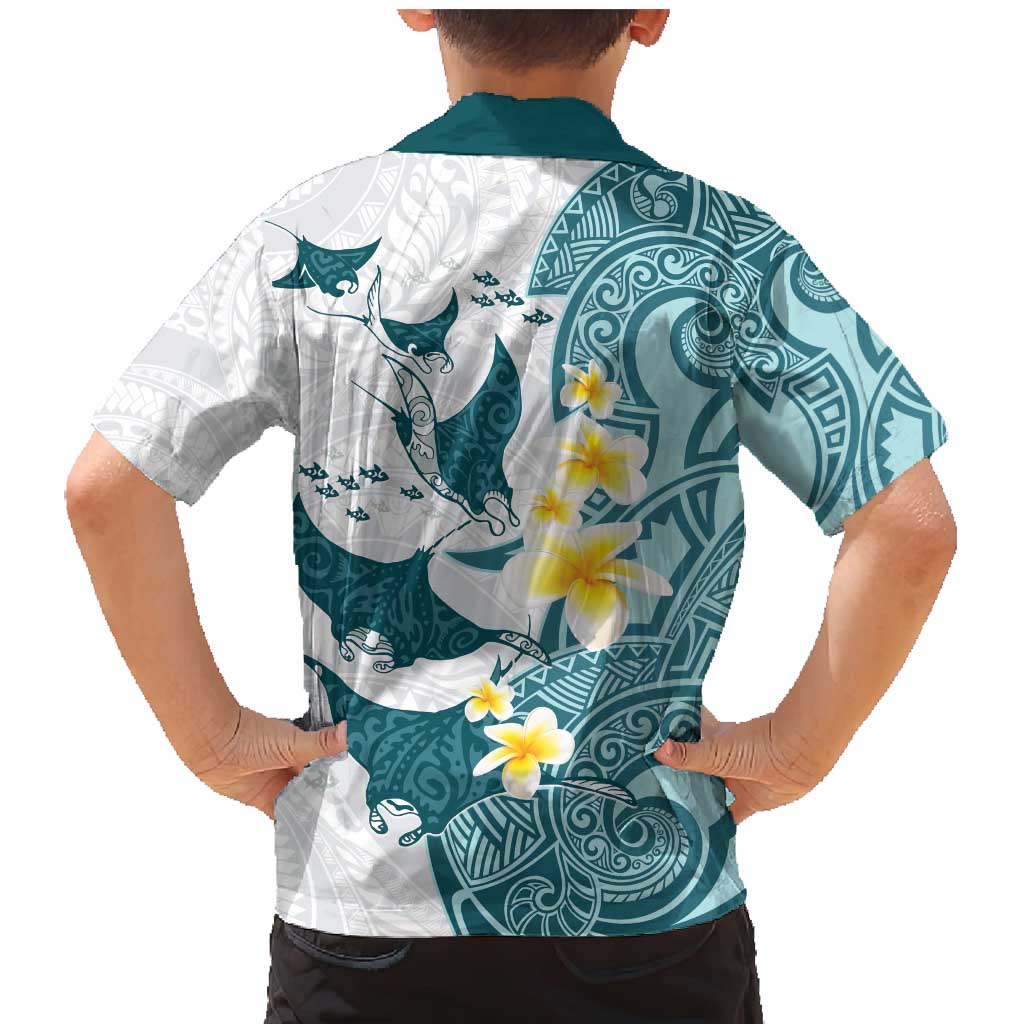 Maori Manta Ray Plumeria Teal Family Matching Mermaid Dress and Hawaiian Shirt LT01 - Polynesian Pride