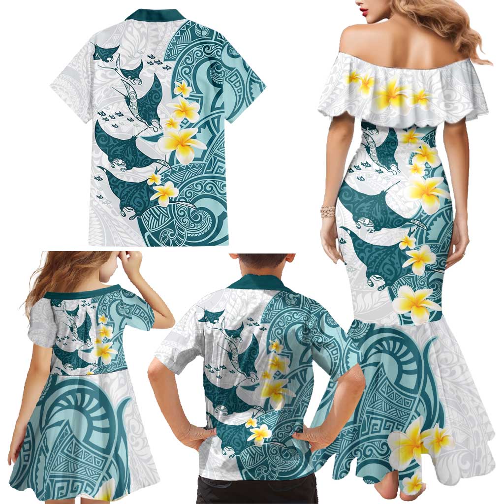 Maori Manta Ray Plumeria Teal Family Matching Mermaid Dress and Hawaiian Shirt LT01 - Polynesian Pride