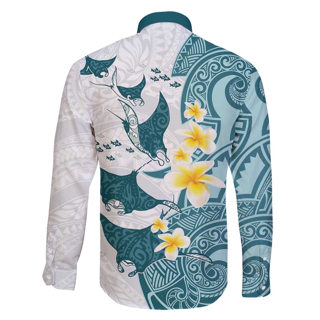 Maori Manta Ray Plumeria Teal Family Matching Off Shoulder Maxi Dress and Hawaiian Shirt