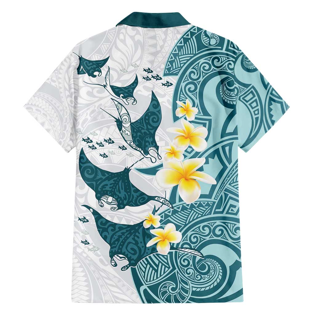 Maori Manta Ray Plumeria Teal Family Matching Off Shoulder Short Dress and Hawaiian Shirt