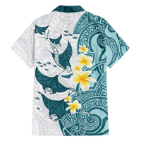 Maori Manta Ray Plumeria Teal Family Matching Off Shoulder Short Dress and Hawaiian Shirt