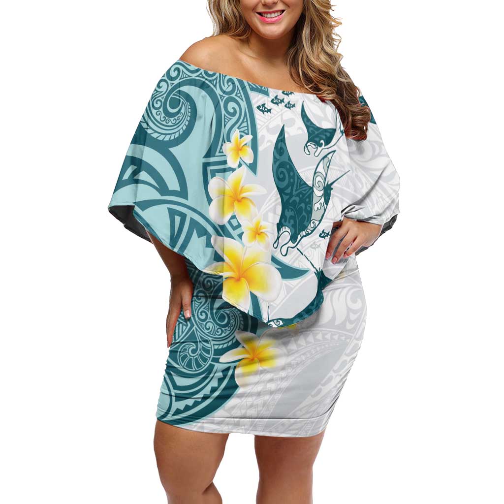 Maori Manta Ray Plumeria Teal Family Matching Off Shoulder Short Dress and Hawaiian Shirt