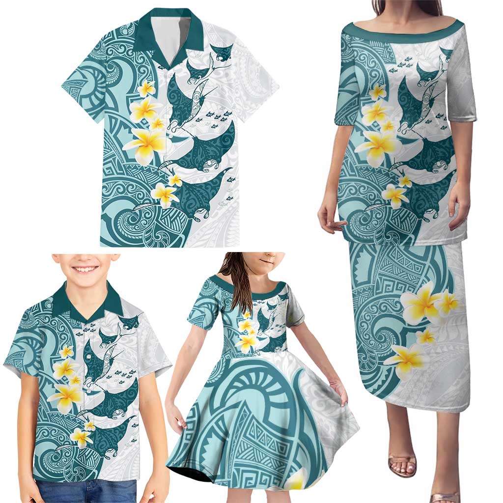 Maori Manta Ray Plumeria Teal Family Matching Puletasi and Hawaiian Shirt LT01 - Polynesian Pride