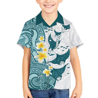 Maori Manta Ray Plumeria Teal Family Matching Puletasi and Hawaiian Shirt