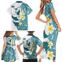 Maori Manta Ray Plumeria Teal Family Matching Short Sleeve Bodycon Dress and Hawaiian Shirt LT01 - Polynesian Pride