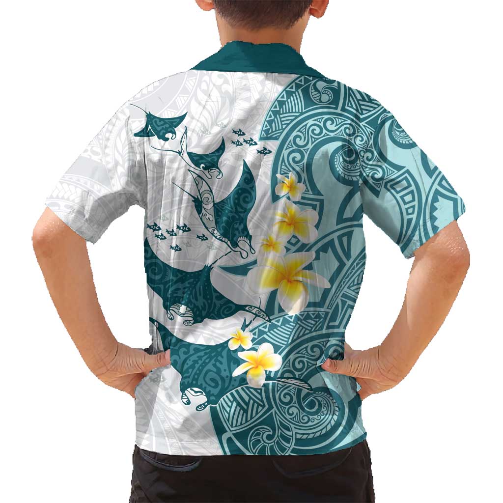 Maori Manta Ray Plumeria Teal Family Matching Tank Maxi Dress and Hawaiian Shirt LT01 - Polynesian Pride