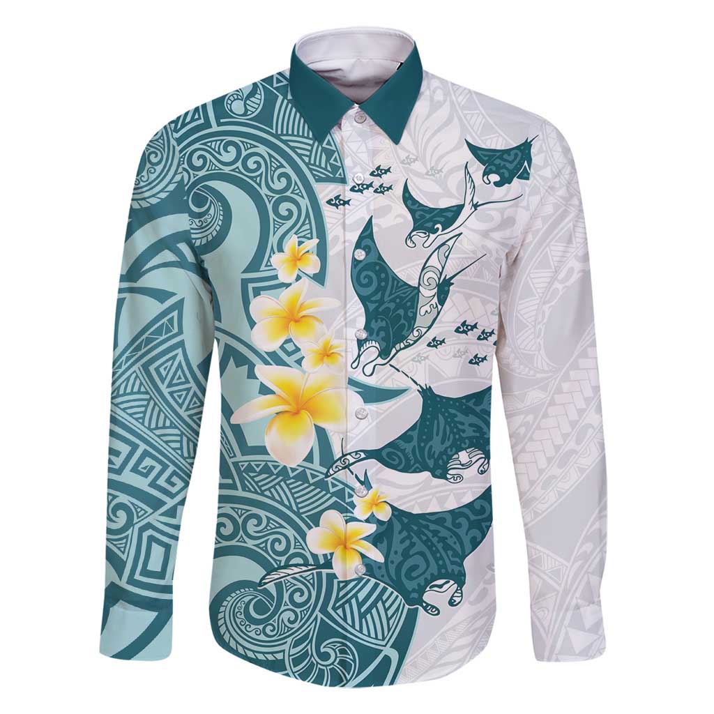 Maori Manta Ray Plumeria Teal Family Matching Tank Maxi Dress and Hawaiian Shirt LT01 Dad's Shirt - Long Sleeve Teal - Polynesian Pride