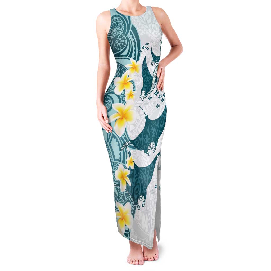 Maori Manta Ray Plumeria Teal Family Matching Tank Maxi Dress and Hawaiian Shirt LT01 Mom's Dress Teal - Polynesian Pride
