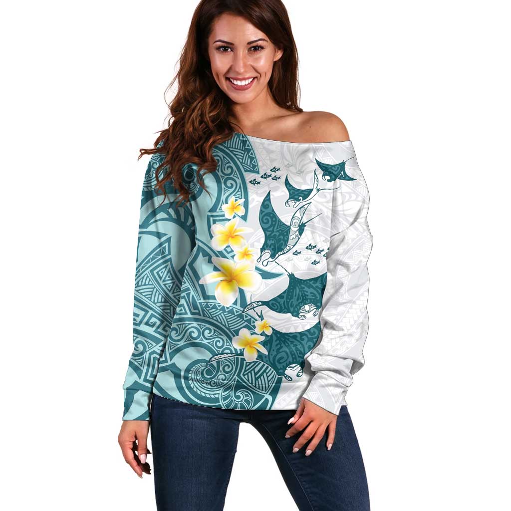 Maori Manta Ray Plumeria Teal Off Shoulder Sweater