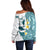 Maori Manta Ray Plumeria Teal Off Shoulder Sweater